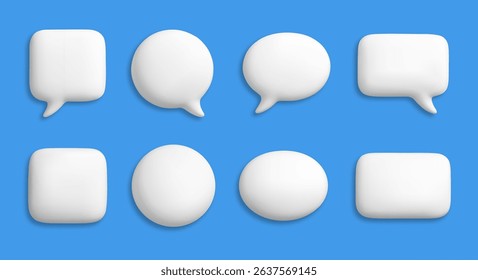 3D white speech bubbles. Buttons, social media chat message icons. Empty text box, comment and dialogue balloon, thought cloud vector isolated set cartoon soft render style.