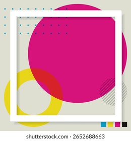 3D white square frame with various geometric shape CMYK colors overlap transparent on gray background graphic illustration.