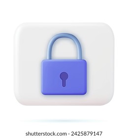 3D white square icon button with Blue closed padlock. Safety and confidentiality information and property. Locked password and personal web account security. 3d render. Vector illustration