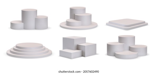 3 d plataformas cuadradas blancas y de podio redondo para la sala de exposición de productos. Escenario realista con escalones, pedestal ganador o conjunto de vectores de burla de stand. Ceremonia de entrega, anuncio de producto o presentación