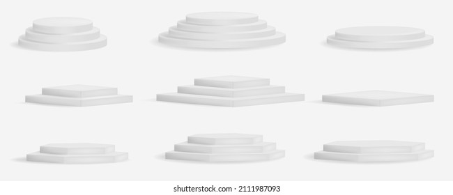 3d white square and round podium platforms for product showroom. Geometrical 3d round and square empty podium decent vector templates collection isolated