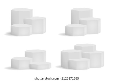 3d white square and round podium platforms for product showroom. Geometrical 3d round and square empty podium decent vector templates collection isolated
