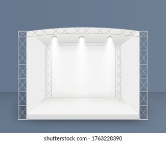 3D White stage, Podium concert scene, Performance show entertainment, Backdrop with led screen, spotlights Vector empty geometric square, Presentation event room display Vector illustration