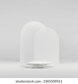 3d white stage with product stand. Round grey showcase as empty mockup scene. Marble beauty cometic platform. Abstract gallery of light blocks, studio vector rendering.