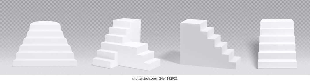 3D weißes Treppenpodium. Schaubühne oder Treppenplattform für Produkt. Geometrisch realistisch isolierter Sockel rendern Frontansicht auf transparentem Hintergrund. Minimale Attrappe für Studioraum mit Leiter.