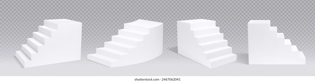 3d white stair podium. Display stage or staircase platform for product. Geometric realistic isolated pedestal render front view on transparent background. Minimal mockup for studio room with ladder.