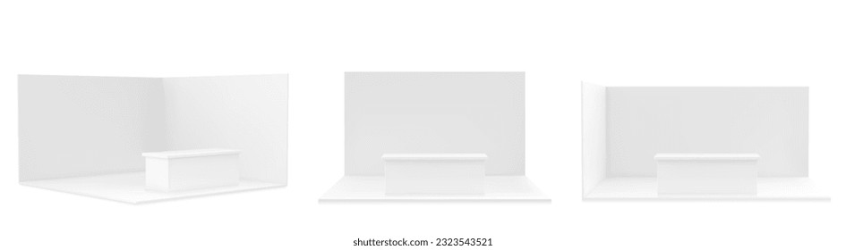 3d white stand booth for presentation event mockup. Vector promotional blank wall in room display for exhibition with table or podium. Empty expo business cube corner kiosk retail background set.