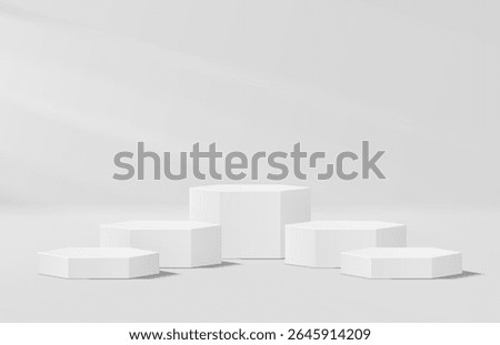 3D white studio room with realistic 3d hexagon podium pedestal. Light shining to stage make product focused. Minimal scene for product display presentation. Vector geometric platform. Promotion stage.