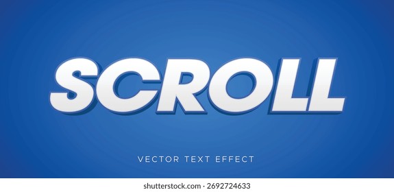 Diseño de efecto de texto blanco 3D con la palabra "SCROLL" sobre fondo azul degradado, tipografía de Vector moderna para navegación por Sitio web y uso de redes sociales