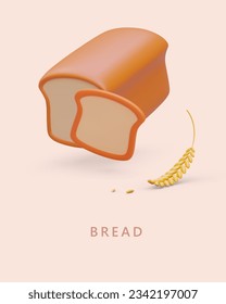 Pan tostado blanco 3D, oído de trigo. Alimentos naturales de grano. Desayuno. Cartel vertical de color con espacio para el texto. Plantilla para portada, banner publicitario