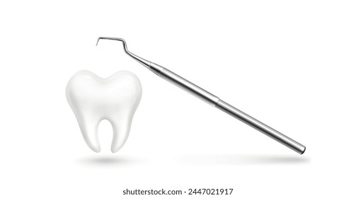 Diente blanco 3d con fondo de Vector de herramienta dental. Ilustración odontológica realista con el instrumento médico médico de la salud y del cuidado. Seguro de higiene bucal y estomatología para el tratamiento profesional