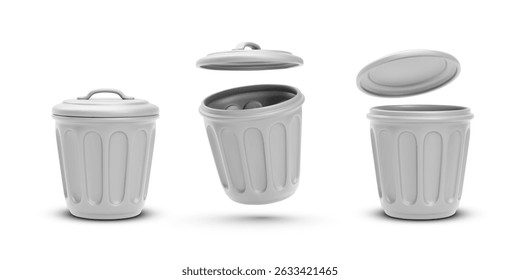 3d White Trash Bin With Lid in Motion. Clean Plastic Garbage Container for E-Waste or General Sorting. Minimal Realistic Style with Shadow Effect. Vector Illustration