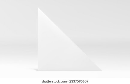 3D weißer Dreieck Wand neutrale Hintergrund Innendekor Element geometrische Form realistische Vektorgrafik. Die geometrische Geometrie der dreiseitigen Ständer von Pastel bildet eine abstrakte moderne Präsentation mit minimalem Platzbedarf