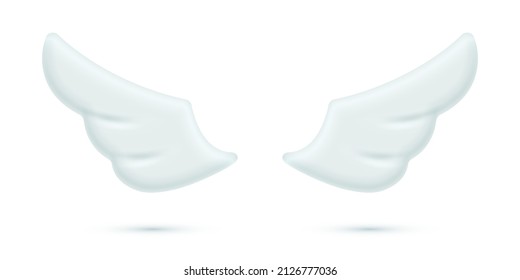 3d white two angel wings vector illustration. Abstract freedom symbol, realistic mockup of flying birds or fairy flight, plastic pair of wings, creative decoration isolated on white background