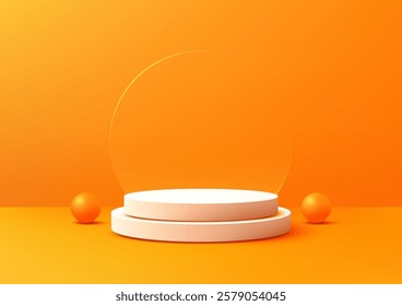 3D white two tiered cylindrical podium against a vibrant orange backdrop with sphere accents. Ideal for stylish product displays, branding, mockups, and modern design