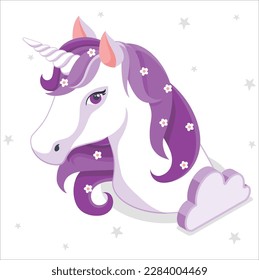 3d White Unicorn vector illustration for children design. Rainbow hair. Head of cute sleepy unicorn with closed eyes in pink circle on background. Isolated vector