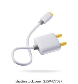 3d white USB charger isolated on white. Render data transfer wire charger. Connector or plug for gadgets. Device for charging, Electronic equipment. Vector illustration