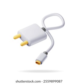 3d white USB charger isolated on white. Render data transfer wire charger. Connector or plug for gadgets. Device for charging, Electronic equipment. Vector illustration