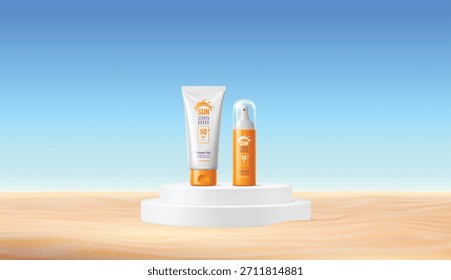 3d branco vetor podium palco com protetores solares cosméticos produtos na areia da praia. Suporte branco com proteção uv protetor solar proteção da pele creme tubo e frasco de loção apresentado em pedestal circular