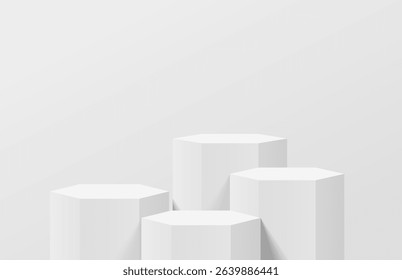 3d white wall background with realistic 3d hexagon podium pedestal. Minimal wall scene for product display presentation. Vector geometric platform. Stage for product promotion. 3d vector rendering.