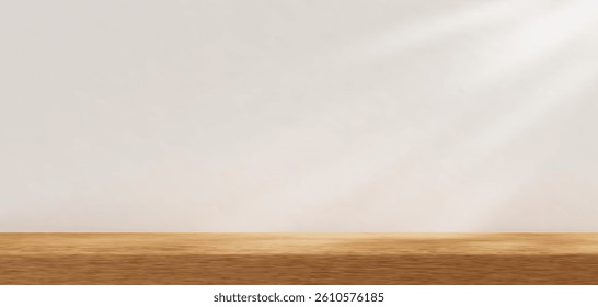 3d white wall room scene with wooden counter and natural lighting. Product presentation template