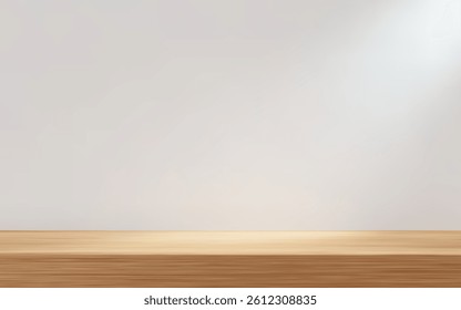 3d white wall room scene with wooden counter and natural lighting. Product presentation template