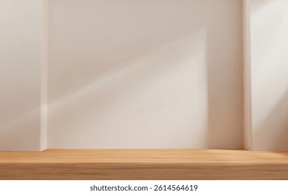 3d white wall room scene with wooden counter and natural lighting. Product presentation template