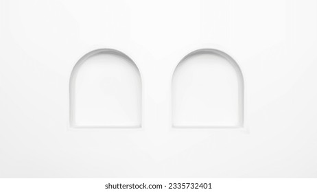 3d white wall with two empty arch box shelf. Double arc rack display showcase for museum exhibition scene. Blank hole stand mockup template. Simplicity studio architecture interior illustration