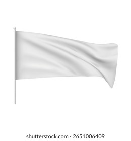 3d white waving flag on flagpole, empty advertising banner template. Marketing, promotion, presentation. Fabric horizontal layout. Vector realistic illustration. Isolated background.