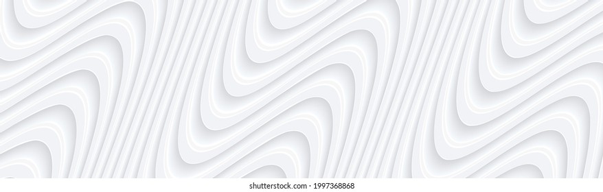 3D white wavy background for business presentation. Abstract flow elegant pattern. Minimalist empty striped blank BG. Halftone monochrome cover with modern minimal color, vector illustration.
