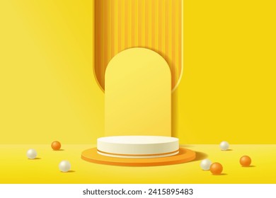 3D white and yellow cylinder pedestal podium with a backdrop of geometric abstract arched windows and a floor decorated with sphere round balls, Vector illustration