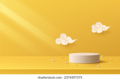 3D white yellow cylinder podium background with chinese vegetarian festival scene and cloud. Abstract minimal mockup or product display presentation, Stage showcase. Platforms vector geometric design.