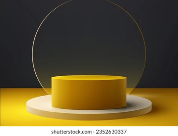 La ilustración vectorial de la base de podio 3D en blanco y amarillo es perfecta para maquetas de exposición de productos de concepto interior moderno. El stand está situado en un suelo de color amarillo y fondo negro. Ilustración del vector