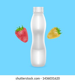 3D White Yogurt Plastic Bottle, Realistic Bottle with strawberry drinking yogurt, Vector EPS 10 illustration