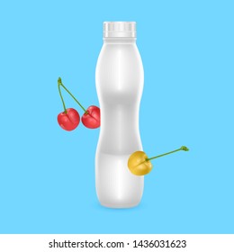3D White Yogurt Plastic Bottle, Realistic Bottle with cherry drinking yogurt, Vector EPS 10 illustration