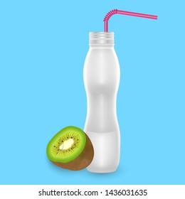 3D White Yogurt Plastic Bottle, Realistic Bottle with kiwi drinking yogurt, Vector EPS 10 illustration