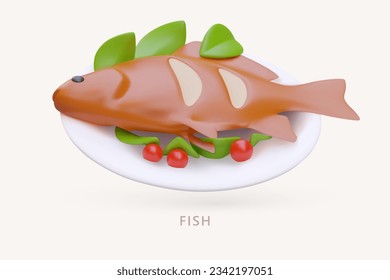 Pescado entero a la plancha en 3D. El plato se sirve con especias aromáticas. Afiche de vector de color para menú de pescado, cartelera, portada. Marisco al horno de la dieta. Ilustración en estilo de caricatura