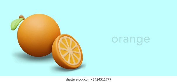 3D whole and half orange. Concept of cooking dish drink from citrus fruit
