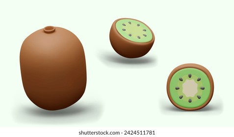 3D whole kiwi and half. Fruit with brown skin and green core, black seeds