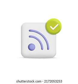 3D Wi fi Wireless icon button with green check mark symbol illustration.  Wireless network and information transfer concept design. isolated on white background.