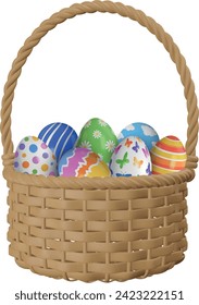 3d wicker basket with colorful eggs. realistic easter eggs in a basket