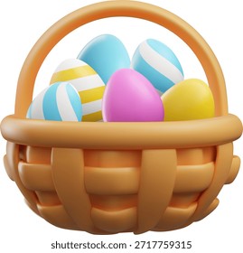 Una cesta de Pascua de mimbre 3D con coloridos huevos a rayas. Celebraciones de Pascua. Regalo de temporada, saludo religioso, sorpresa. Adecuado para tarjetas, Anuncios y publicidad. Vector ilustración de dibujos animados.