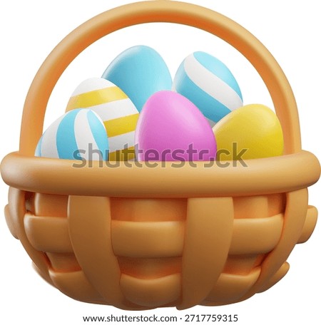 A 3D wicker Easter basket with colorful striped eggs. Easter celebrations. Seasonal treat, religious greeting, surprise. Suitable for cards, banners, and advertising. Vector cartoon illustration.