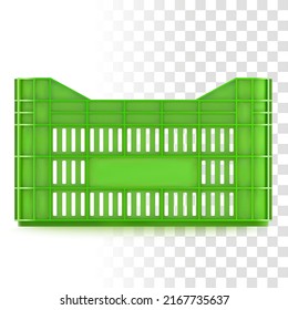 3d Wide Green Plastic Vegetable Crate. Vector Photo Realistic Mockup Isolated On Transparent Background. Front View