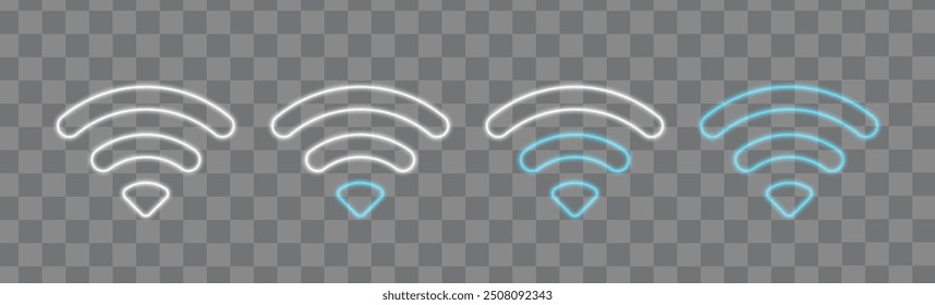 3D Wi-Fi Symbol Neon Effekt. Wellen-Wi-Fi-Vektorzeichen und Wireless-Symbole Symbol Lichteffekt einzeln auf transparentem Hintergrund. Glänzend blaues Signal wifi, Sensor, Radartechnologie.