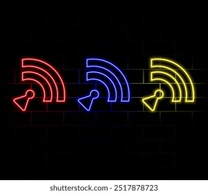 3D Wi-Fi Symbol Neon Effekt. Wellen-Wi-Fi-Vektorzeichen und Wireless-Symbole Symbol Lichteffekt einzeln auf transparentem Hintergrund. Glänzend blaues Signal wifi, Sensor, Radartechnologie.