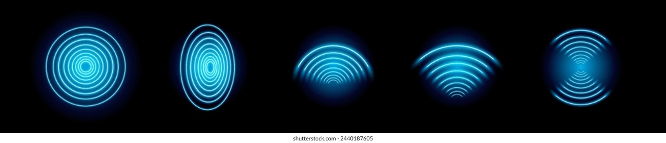 3D Wi-Fi light effect. Wireless networking with a wave effect collection. Glowing blue signal wifi, sensor, radar, and round circle waves wireless technology concept. Transparent neon circle wireless 