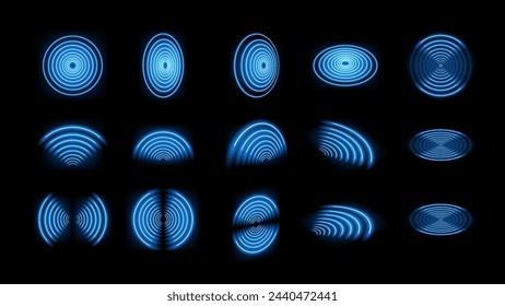 3D Wi-Fi Lichteffekt. Drahtloses Netzwerk mit einer Sammlung von Welleneffekten. Glänzendes blaues Signal WiFi, Sensor, Radar, RFID und Rundkreiswellen Wireless-Technologie-Konzept. Vektor.