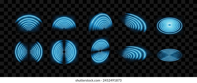 3D Wi-Fi light effect. Wireless wifi networking with a wave effect collection. Glowing blue signal wi fi, sensor, radar, RFID and round circle waves wireless technology concept. Vector.