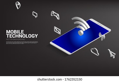 Iwi-fi 3D y teléfono móvil con icono funcional. Concepto de transferencia de datos de redes de datos móviles y wi-fi.